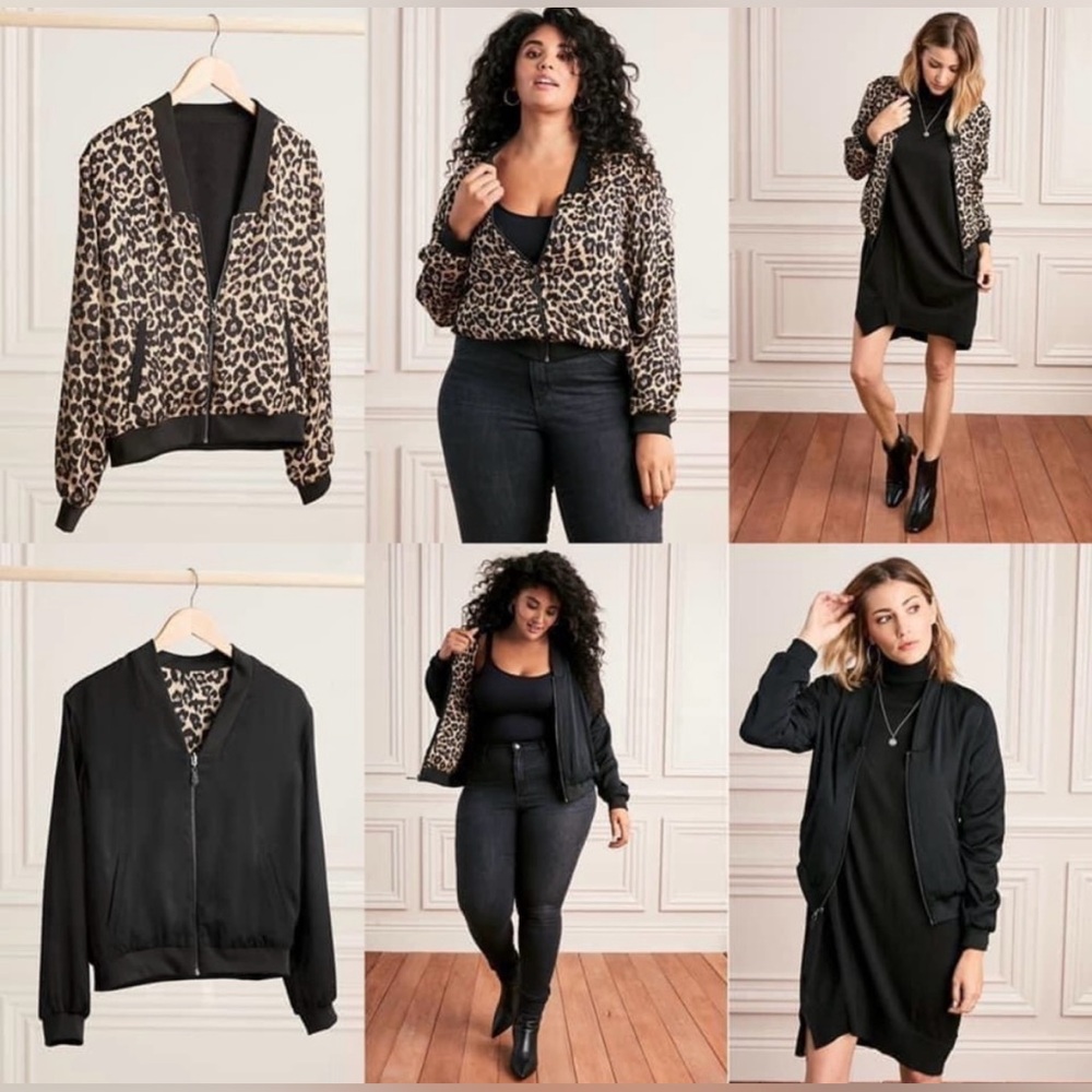 Stella & Dot reversible zip up black & leopard bomber jacket. Size XL. Pockets